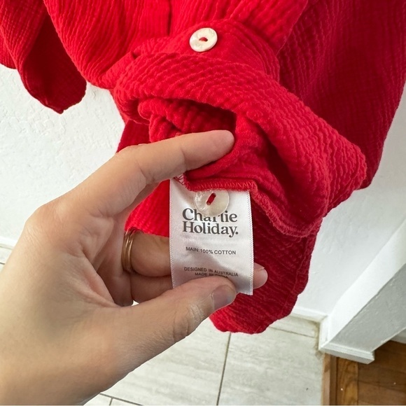 Charlie Holiday Red Cotton Gauze Harlow Button Down 3/4 Casual Oversized Shirt 6 - Picture 10 of 12